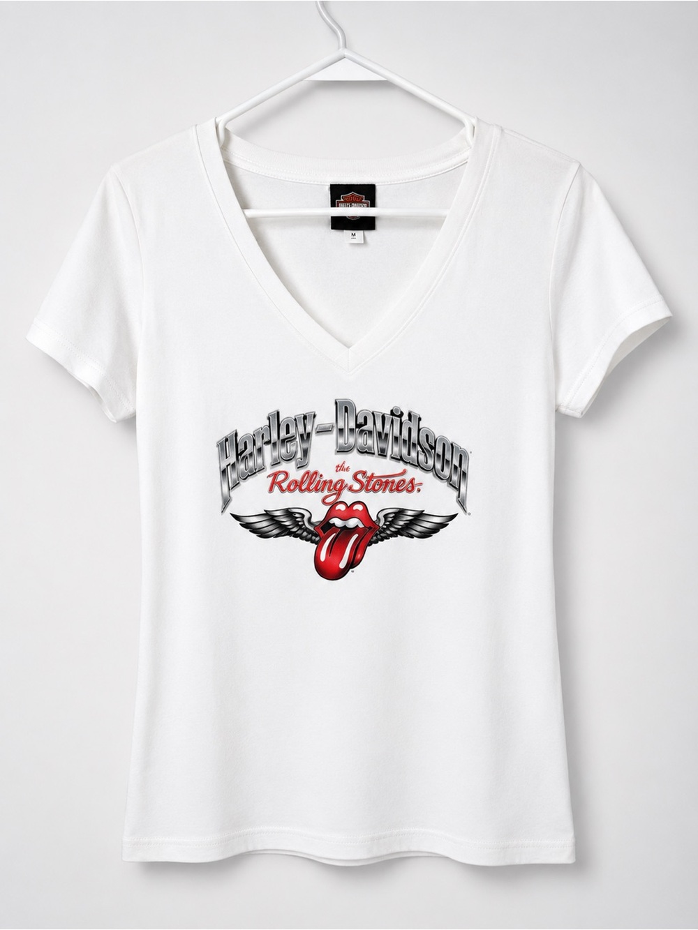 Harley-Davidson White V-Neck Graphic Tee with Red Tongue Logo